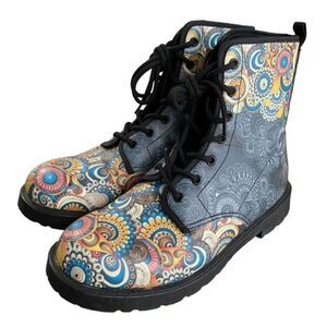 Colorful Mandala Print Combat Boots Lace-Up Women’s Size 10 Festival Boho